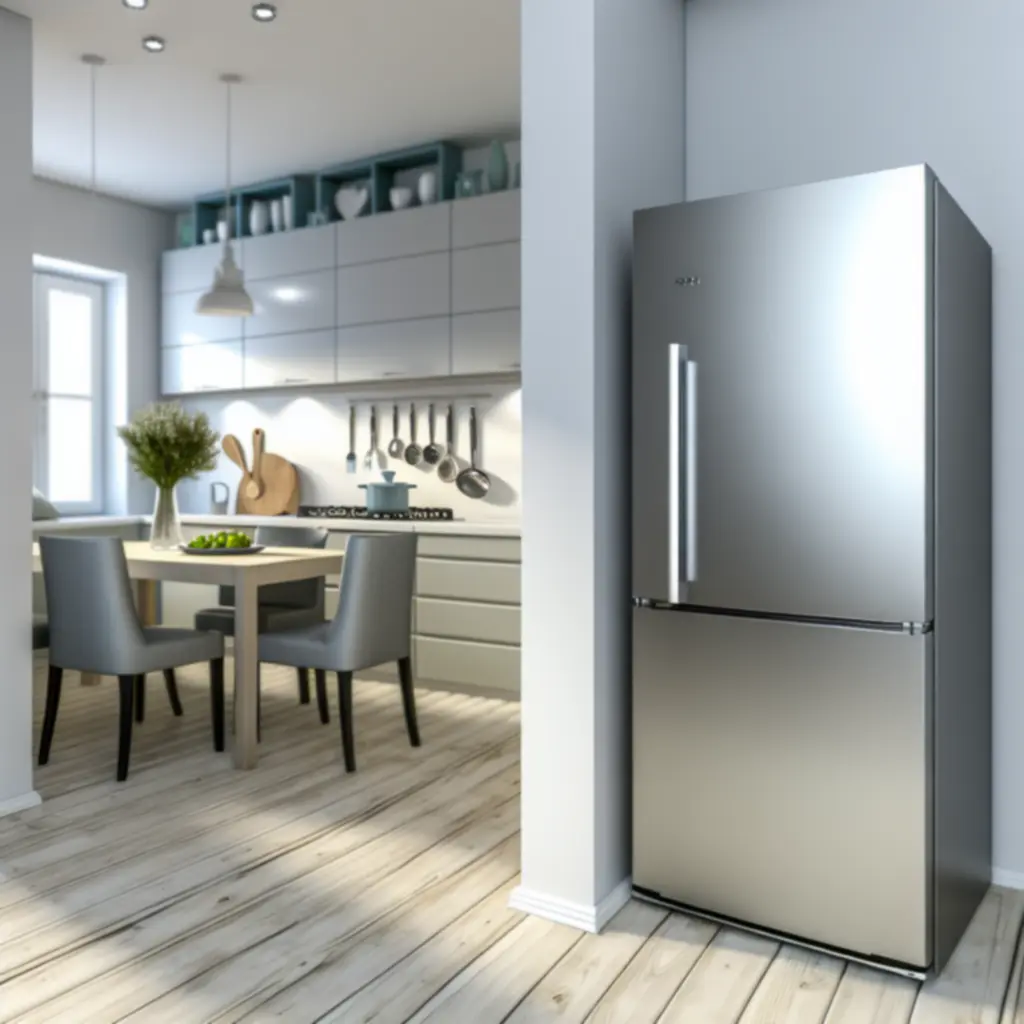 Lodówka w nowoczesnej polskiej kuchni - zdjęcie wysokiej rozdzielczości