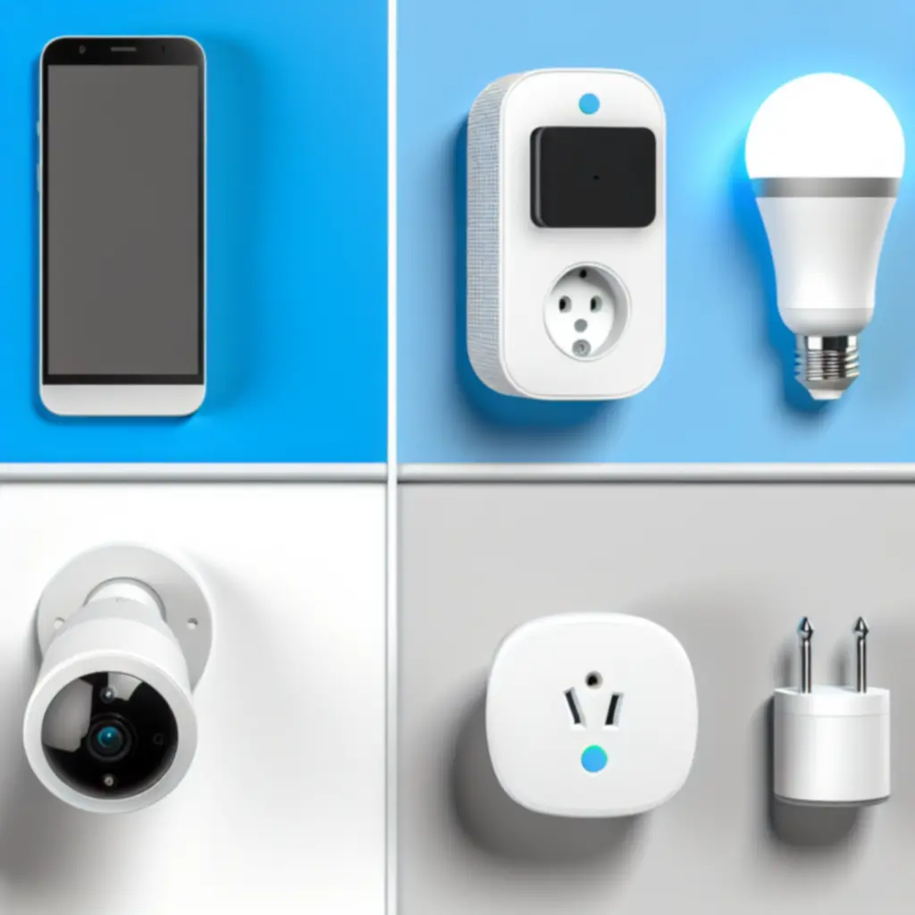 Zestaw popularnych urządzeń smart: żarówki, gniazdka i kamery
