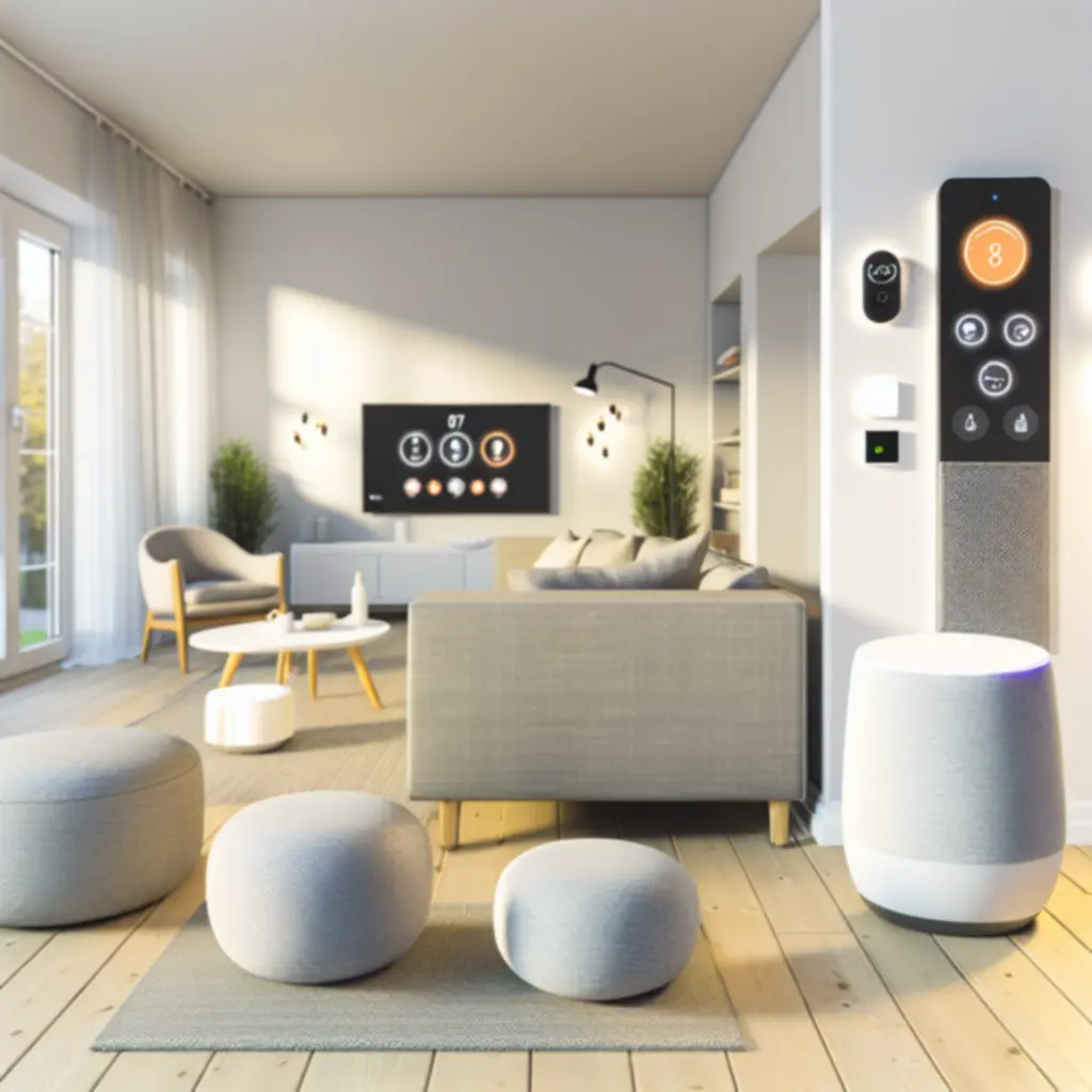 Nowoczesny salon z inteligentnym oświetleniem i sterowaniem domem